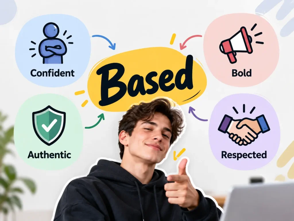 Based meaning slang infographic showing that “based” can describe someone as confident, authentic, bold, and respected.