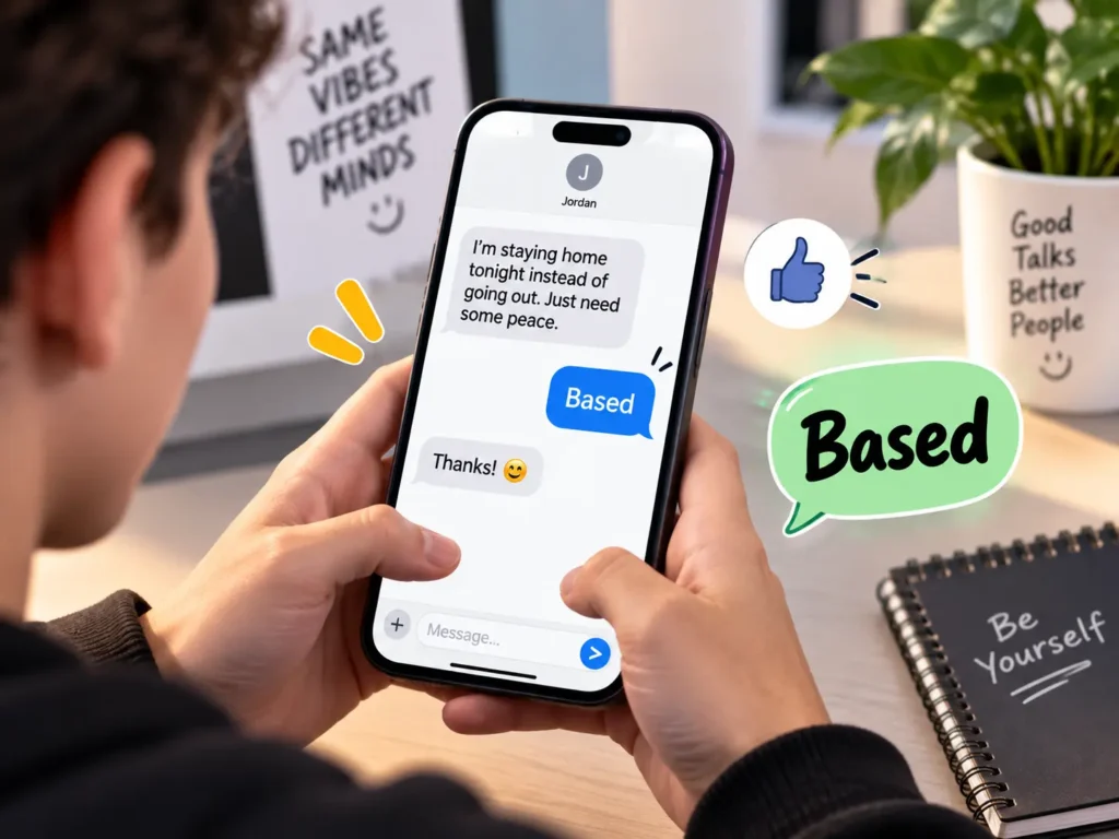 Based meaning in texting shown with a smartphone conversation where “Based” is used as a positive reaction to an honest personal choice.