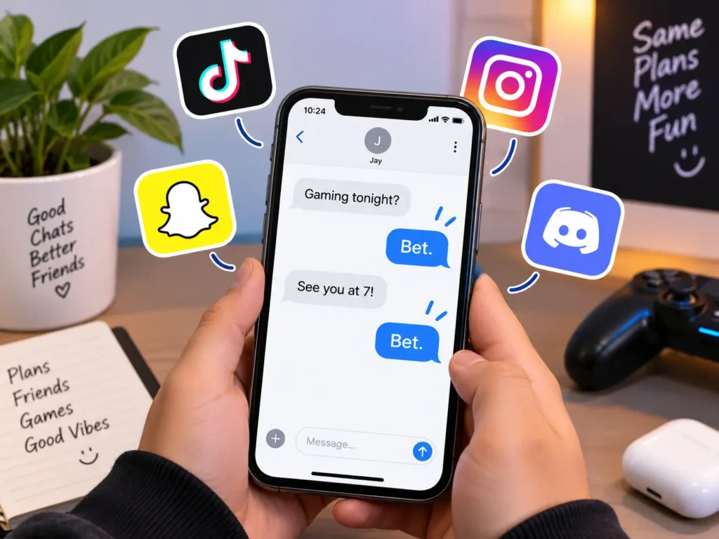 Bet meaning in texting and social media shown on a smartphone chat with “Bet” replies, alongside TikTok, Instagram, Snapchat, and Discord icons.