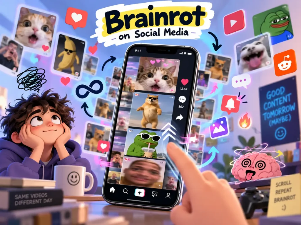 Brainrot on social media illustration showing endless short-video scrolling, memes, notifications, and repetitive online content on a smartphone.