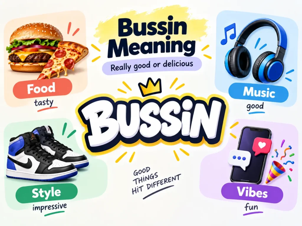 Bussin meaning infographic showing food, music, style, and social media examples to explain that “bussin” means really good or delicious.