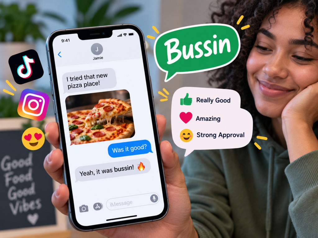 Bussin meaning in texting shown with a pizza chat example, social media icons, and “bussin” used to mean really good or amazing.