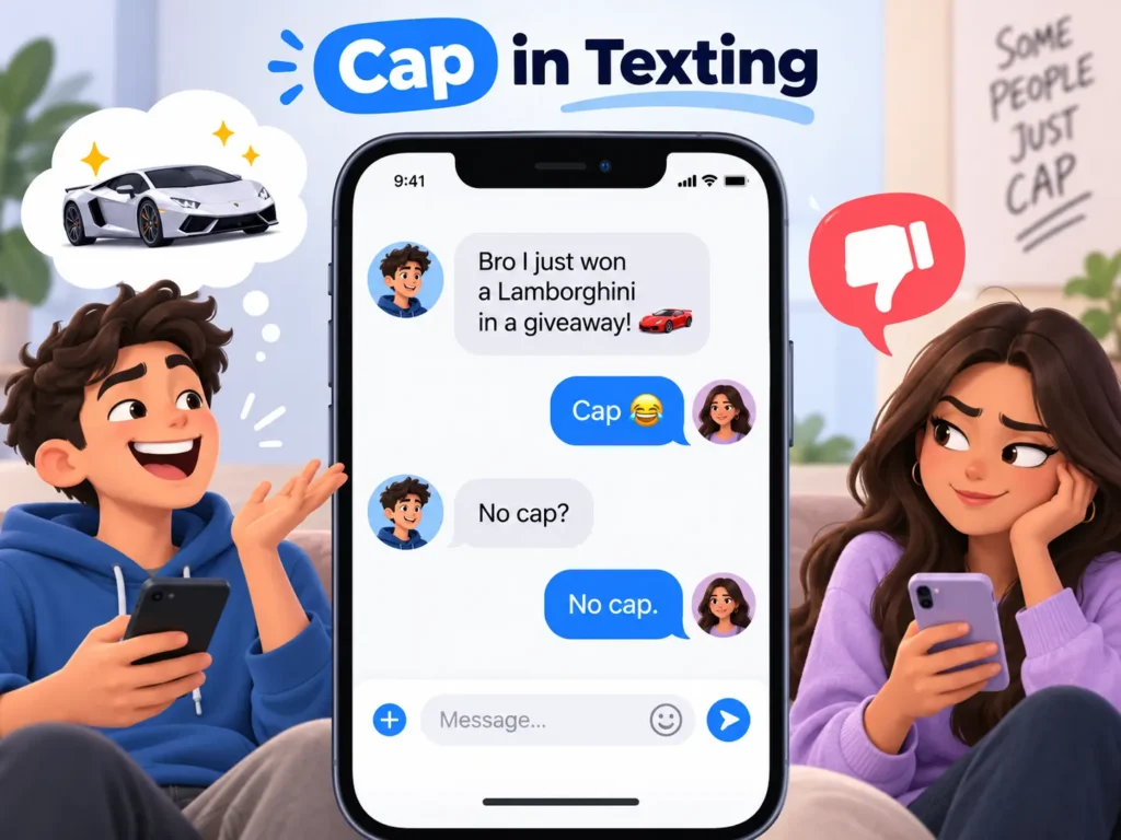 Cap meaning in texting shown through a phone chat using “Cap,” “No cap?” and “No cap” in conversation.