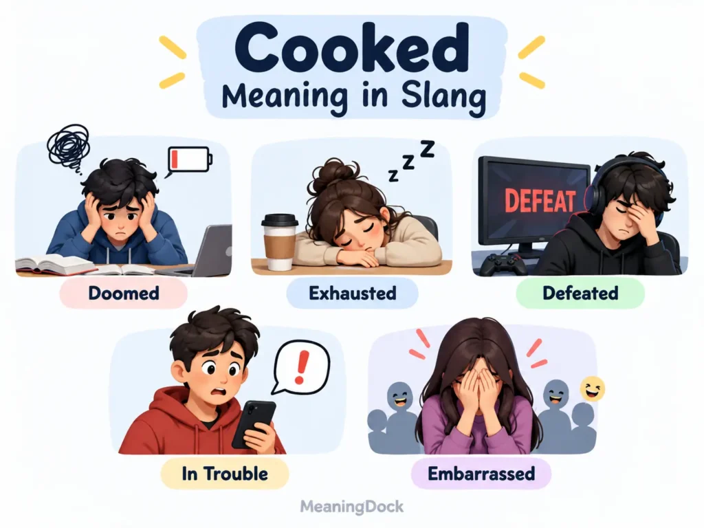 Cooked meaning slang infographic showing five common meanings: doomed, exhausted, defeated, in trouble, and embarrassed.