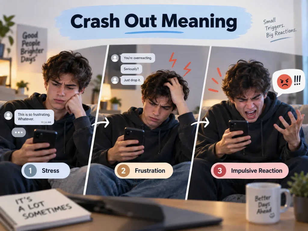 Crash out meaning visual showing stress, frustration, and an impulsive emotional reaction while using a phone.