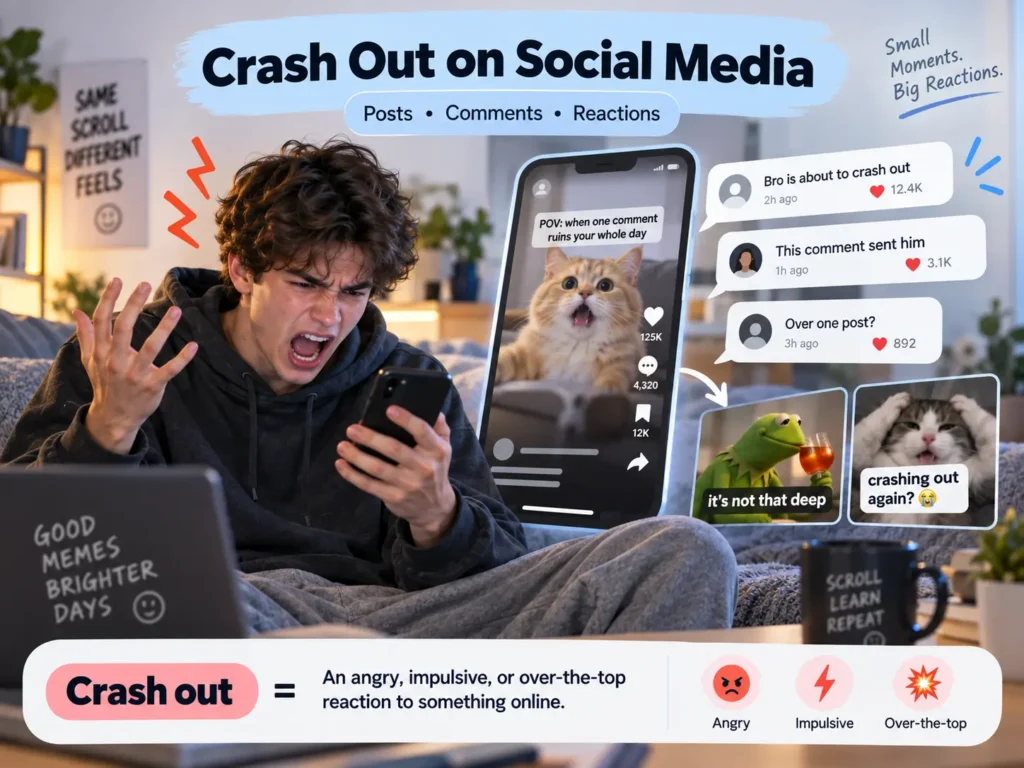 Crash out on social media illustration showing an angry reaction to posts, comments, memes, and online drama.