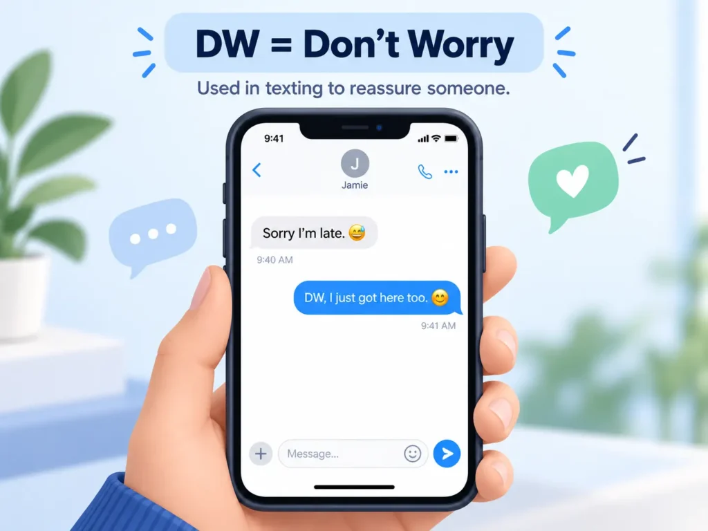 DW meaning in texting shown on a smartphone chat with “DW, I just got here too” as a reassuring reply meaning “Don’t Worry.”