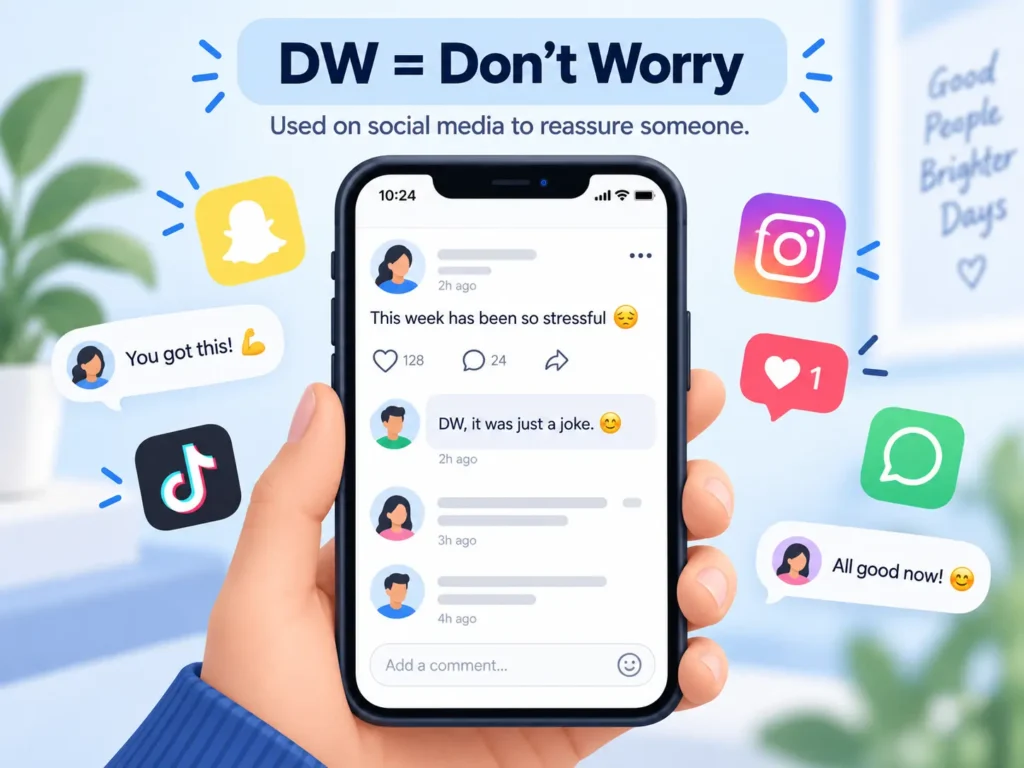 DW meaning on social media shown on a smartphone with comments and messages using “DW” as “Don’t Worry” to reassure someone.