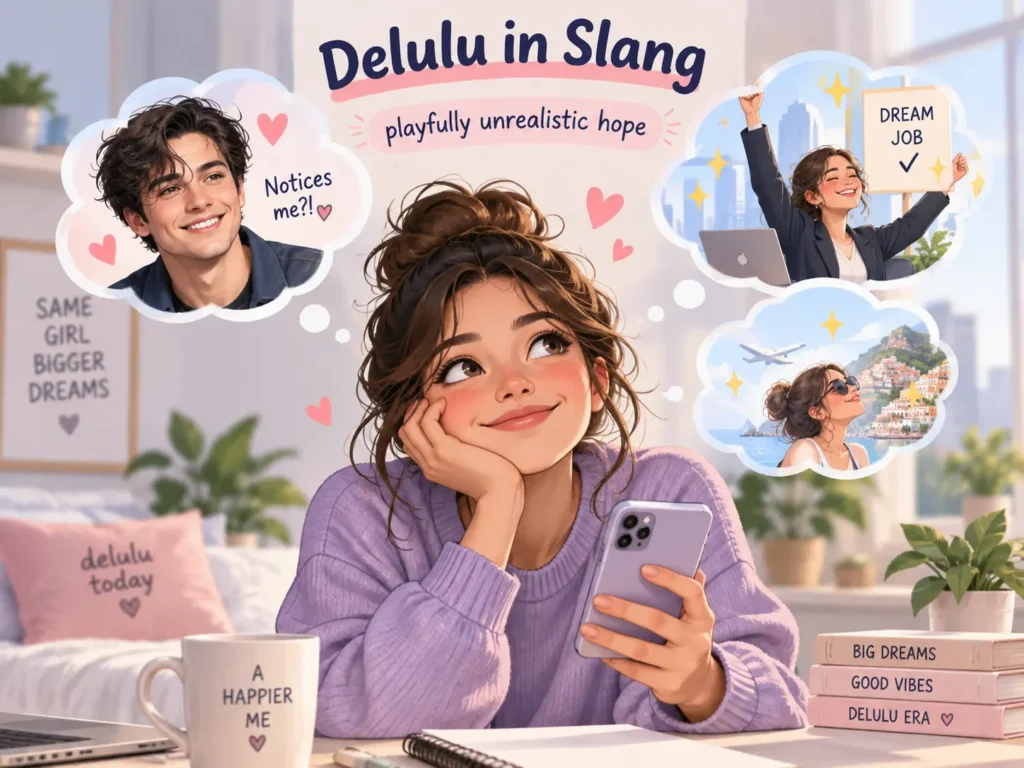 Illustration explaining delulu meaning in slang, showing a young woman daydreaming about a crush, dream job, and travel while holding her phone.