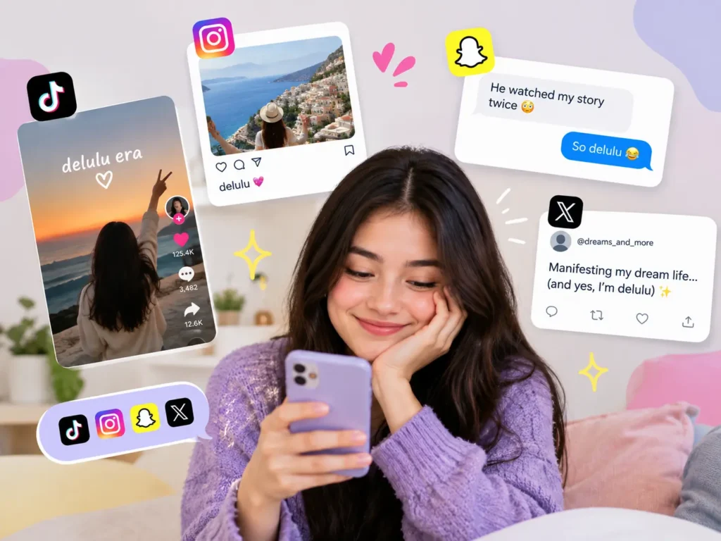 Illustration of a young woman using her phone surrounded by social media posts showing how “delulu” slang appears on TikTok, Instagram, Snapchat, and X.