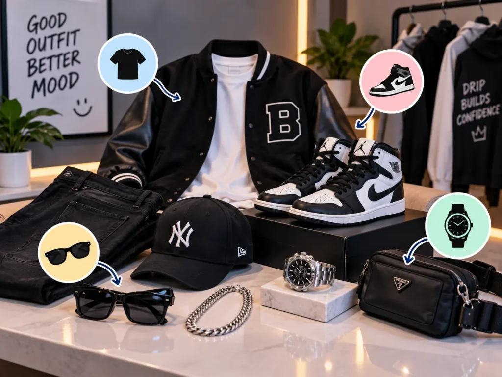 Drip meaning in fashion shown with a varsity jacket, sneakers, sunglasses, watch, chain, cap, and crossbody bag.