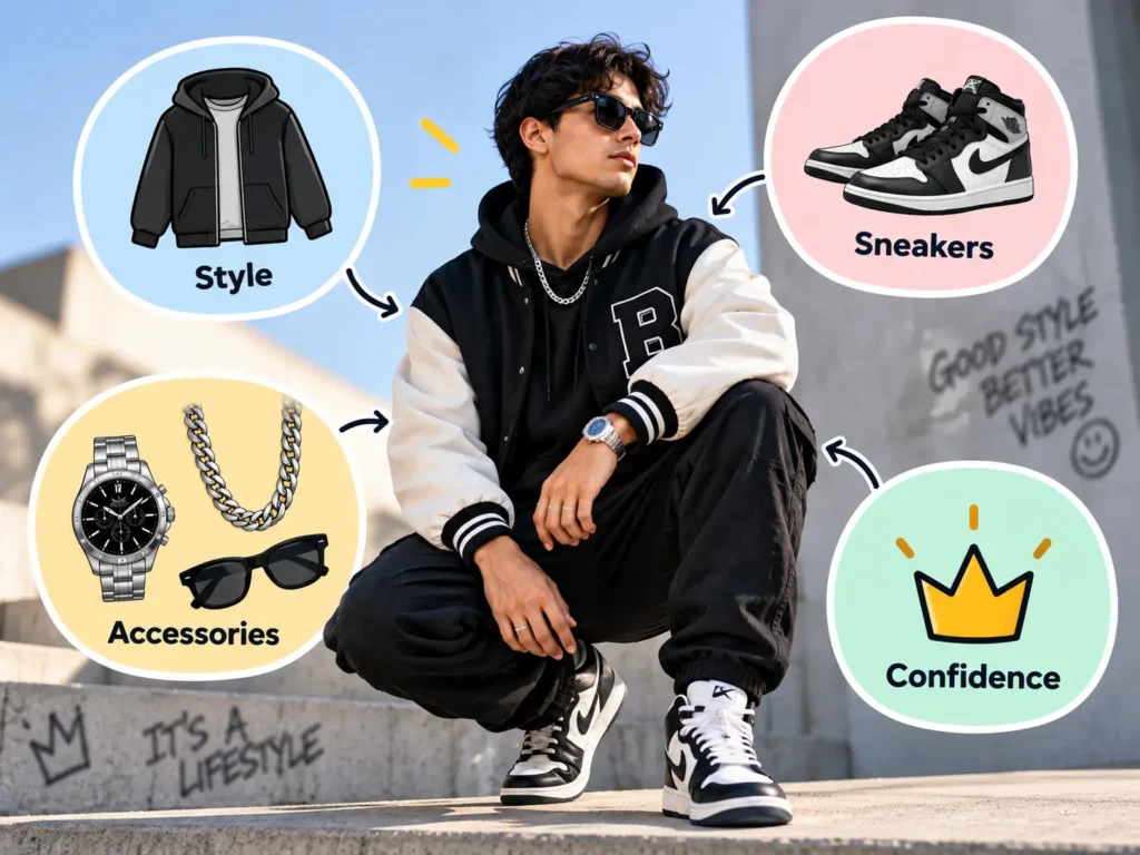 Drip meaning slang image showing stylish streetwear, sneakers, accessories, and confidence as key parts of having “drip.”