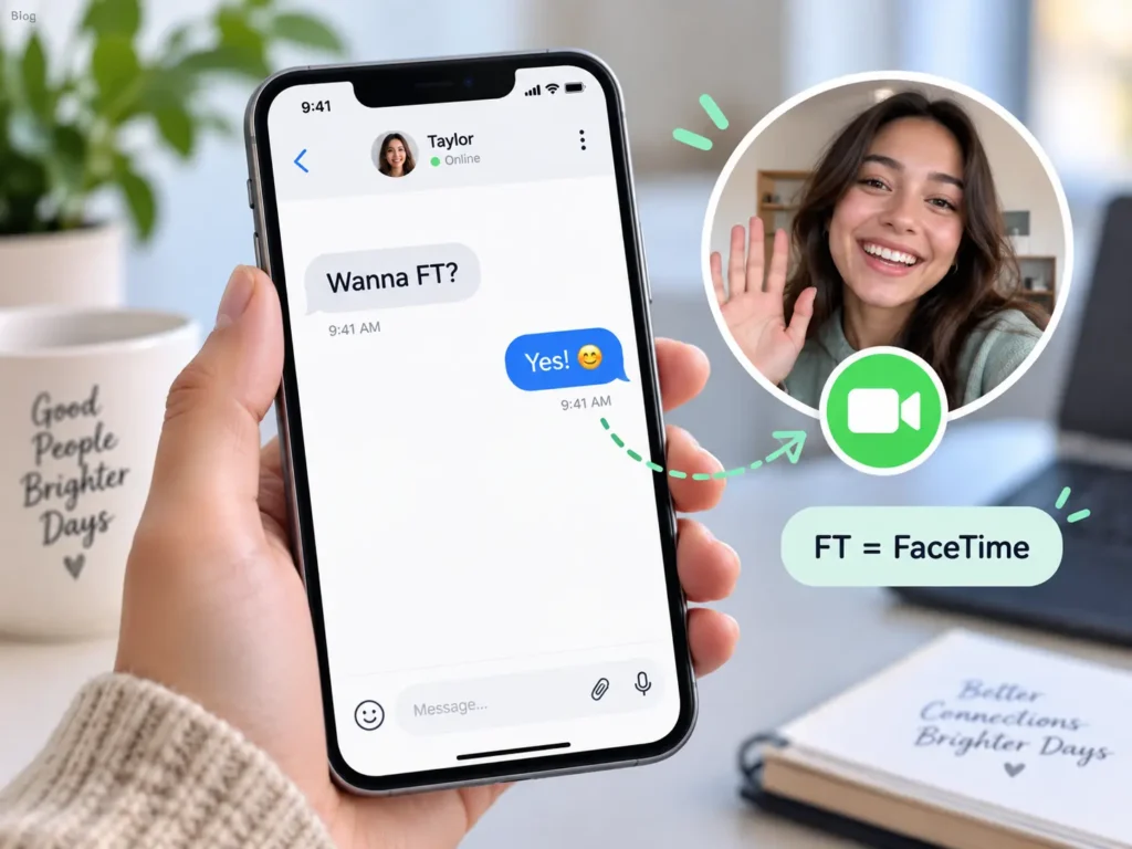 Smartphone chat showing “Wanna FT?” with a video call illustration explaining that FT means FaceTime in texting.