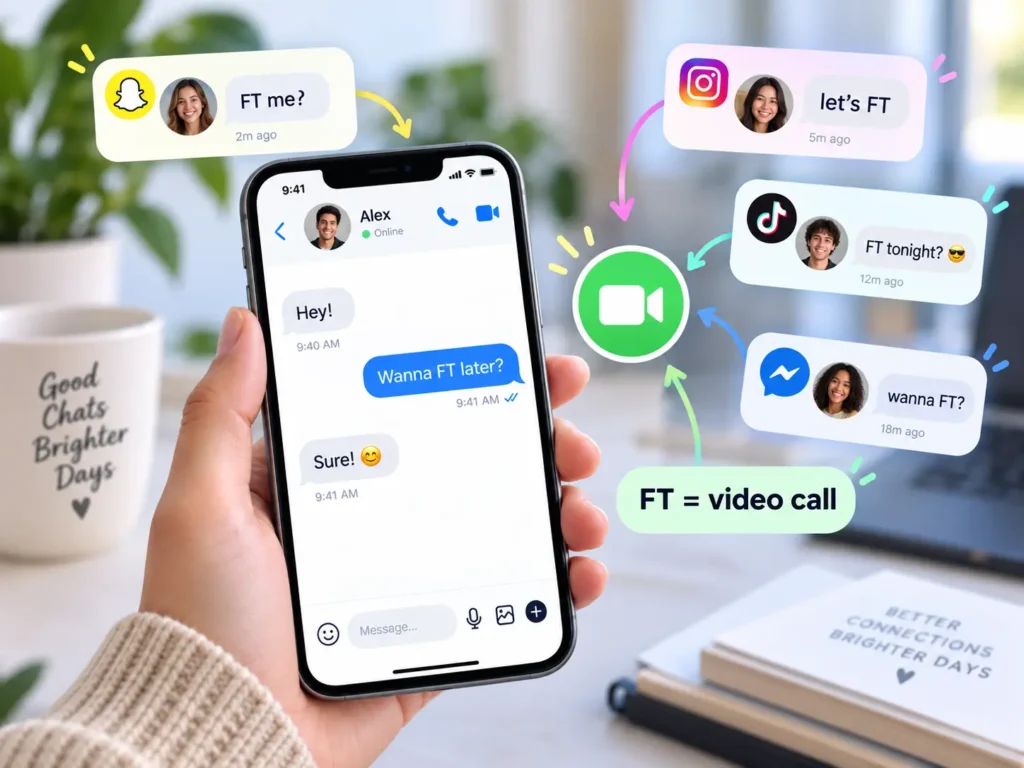 Smartphone showing FT messages across social media apps with a video call icon explaining that FT means FaceTime or video call.