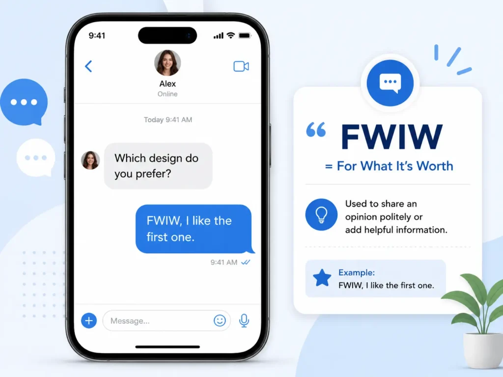 FWIW meaning in texting shown with a chat example where “FWIW, I like the first one” politely shares an opinion.
