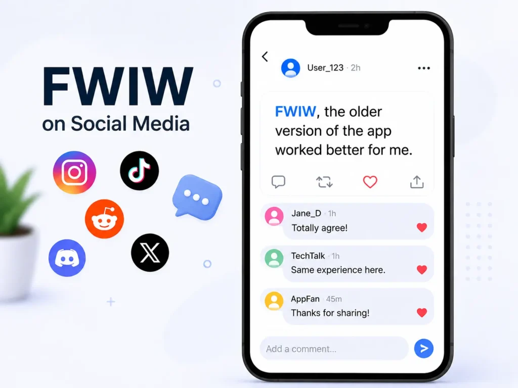 FWIW meaning on social media shown in a post example where “FWIW” introduces a personal opinion about an app.
