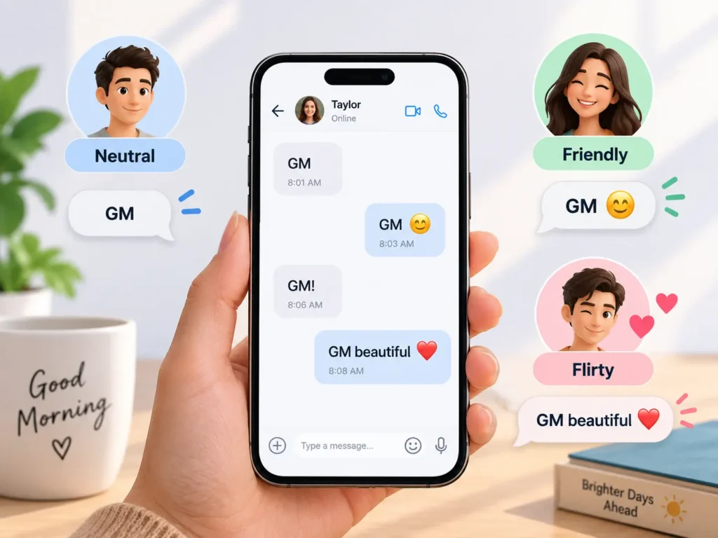 GM tone infographic showing neutral, friendly, and flirty “Good Morning” text examples with emojis and affectionate wording.