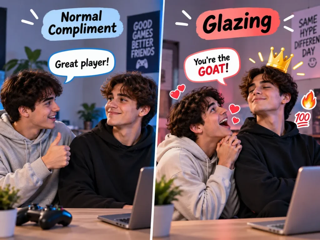 Glazing meaning slang infographic comparing a normal compliment with excessive praise, showing “Great player!” versus “You’re the GOAT!”