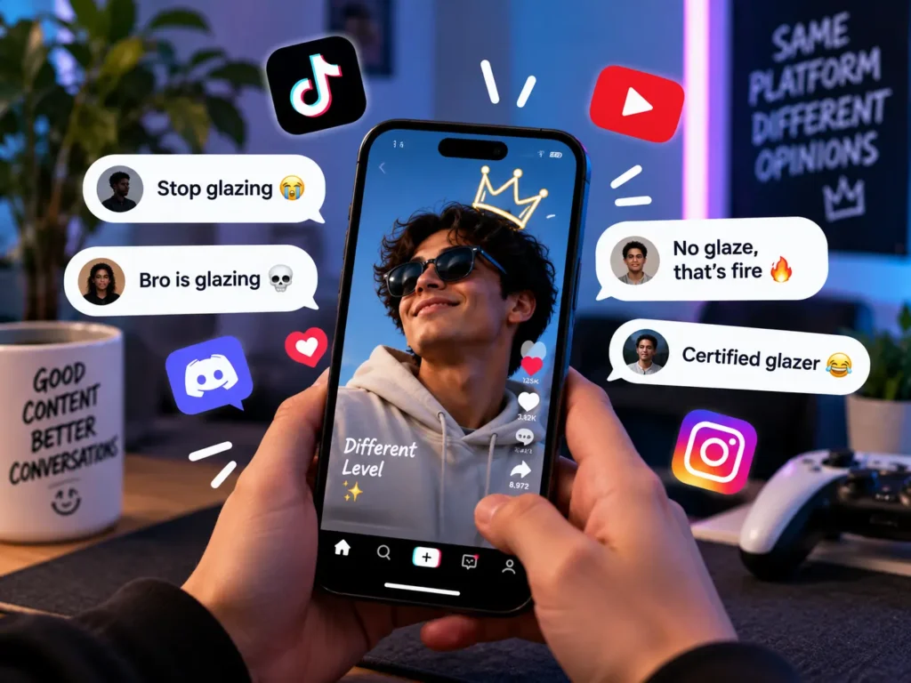 Glazing meaning on TikTok and social media shown with comments like “stop glazing,” “bro is glazing,” “no glaze,” and “certified glazer.”