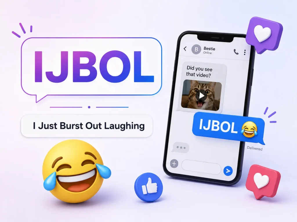 IJBOL meaning infographic showing “I Just Burst Out Laughing” with a funny chat example, laughing emoji, and social media reactions.