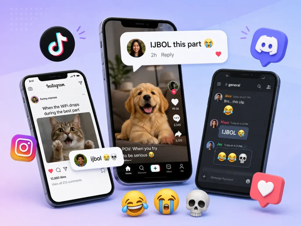 IJBOL on social media infographic showing TikTok, Instagram, and Discord reactions with laughing, crying, and skull emojis.