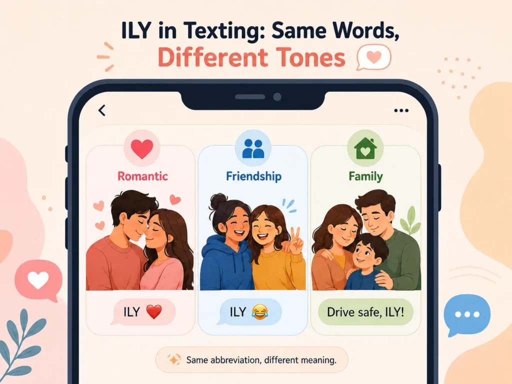 ILY meaning in texting showing romantic, friendship, and family uses of “I Love You” in different conversations.