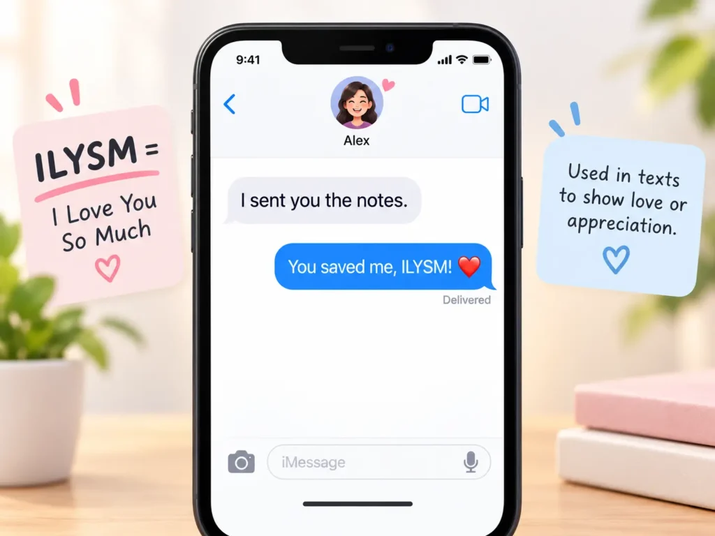ILYSM meaning in texting shown in a smartphone chat, explaining ‘I Love You So Much’ with a friendly message example.