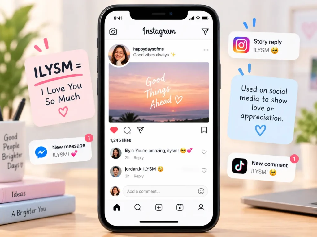 ILYSM meaning on social media shown on a smartphone with comments and messages explaining ‘I Love You So Much’ as a phrase for love and appreciation.