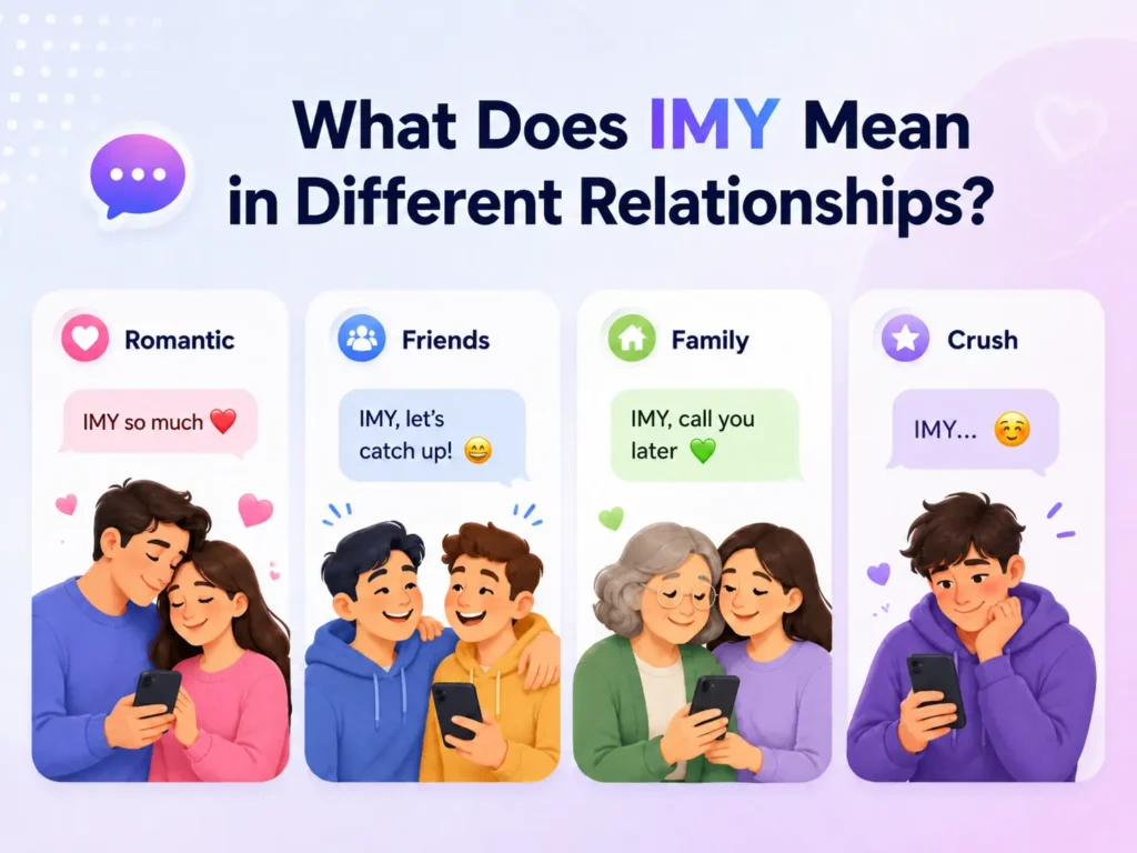 IMY meaning in different relationships showing romantic, friends, family, and crush texting examples.