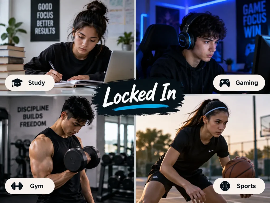 Locked In meaning slang image showing focused people studying, gaming, working out at the gym, and playing sports to represent concentration and commitment.