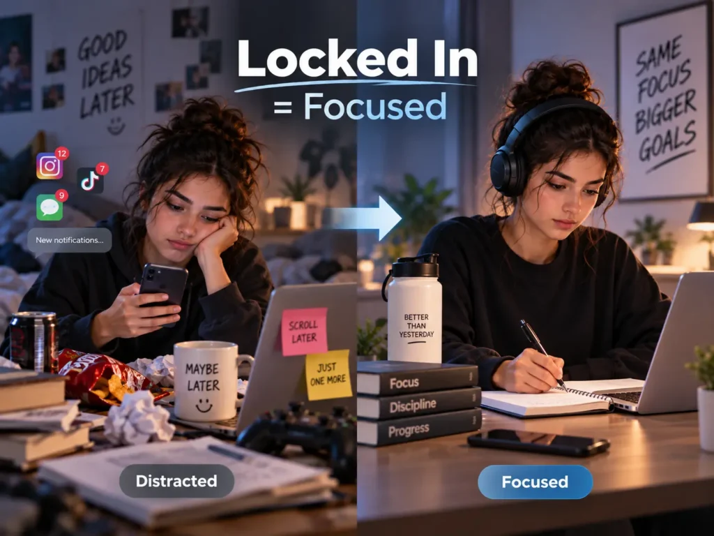 Locked In meaning slang image showing a distracted person becoming focused and productive, illustrating how “locked in” means full concentration and commitment.