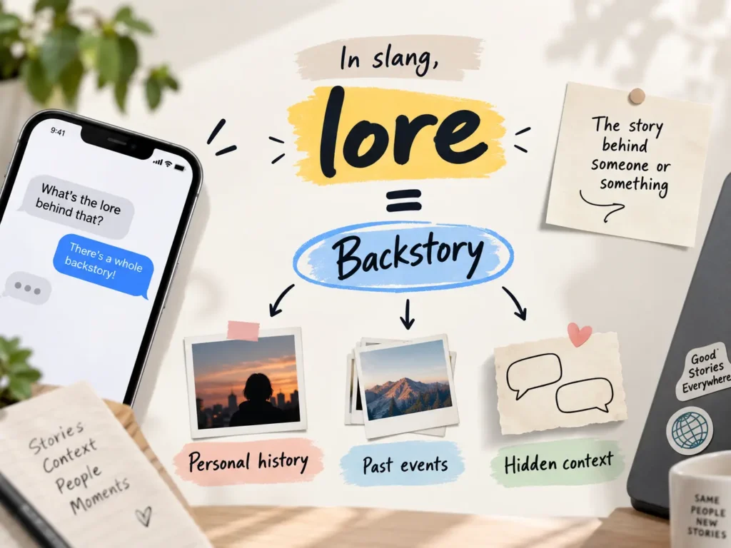 Lore meaning slang infographic showing lore as backstory, including personal history, past events, hidden context, and a text conversation example.