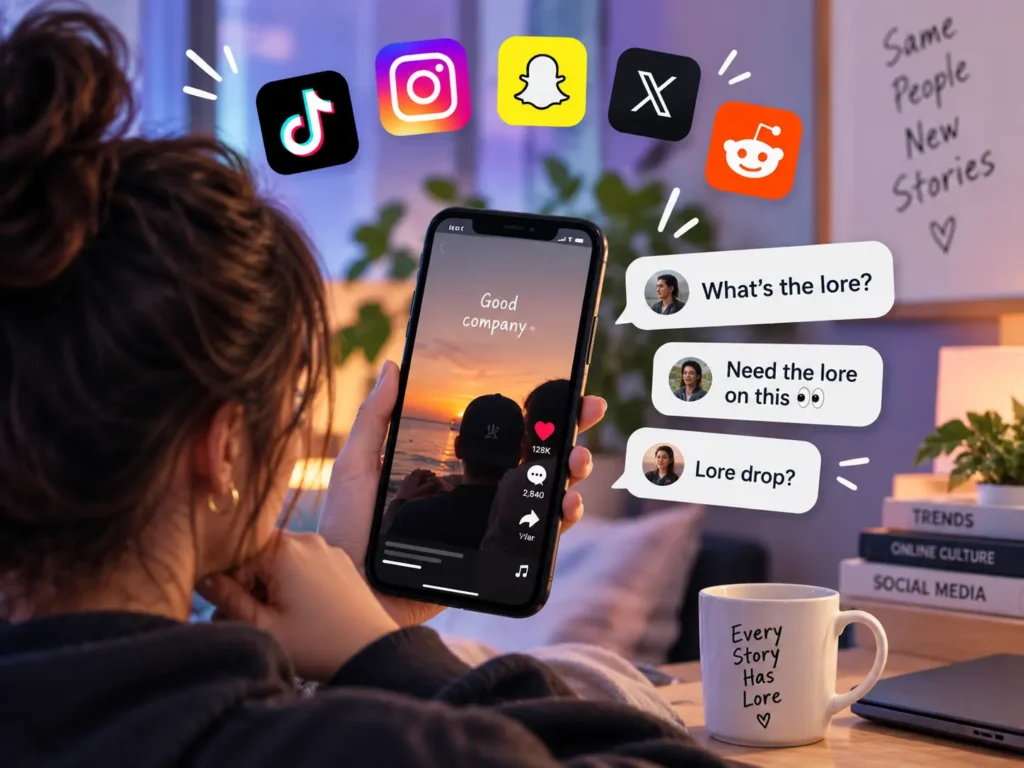 Lore meaning on social media showing a user viewing TikTok-style content with comments like “What’s the lore?” and “Lore drop?” across popular social platforms.