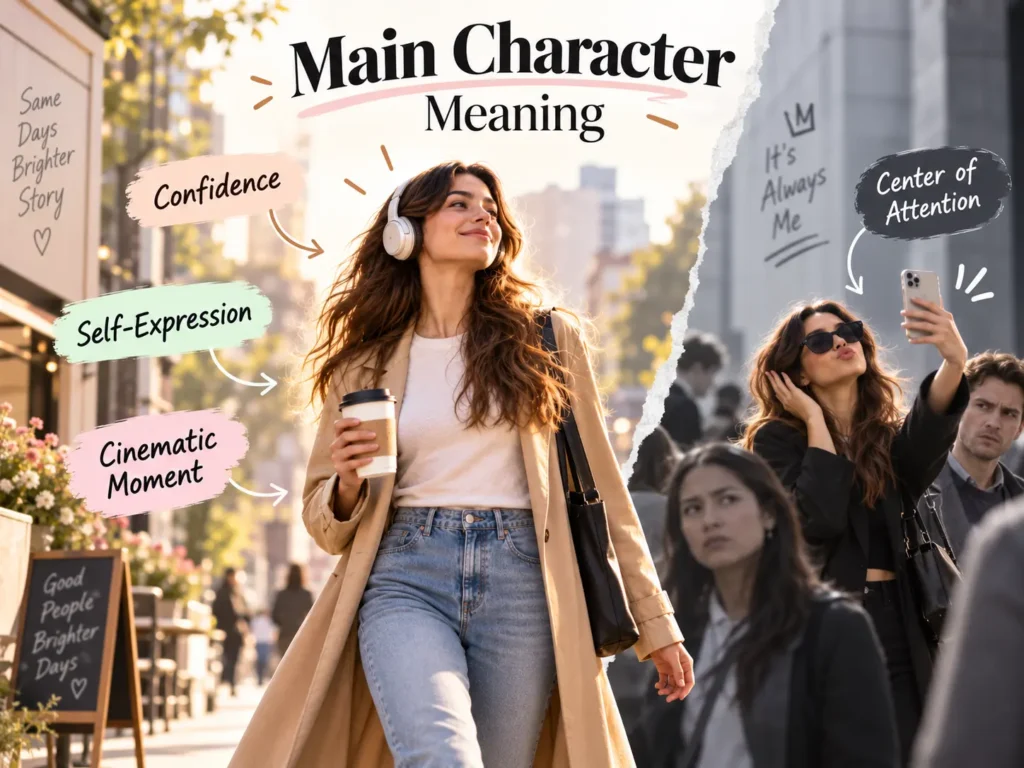 Split-style image explaining main character slang as confidence, self-expression, and cinematic moments, while also showing its negative meaning as attention-seeking behavior.