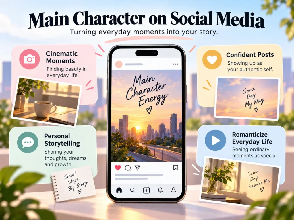Infographic explaining main character energy on social media through cinematic moments, confident posts, personal storytelling, and romanticizing everyday life.