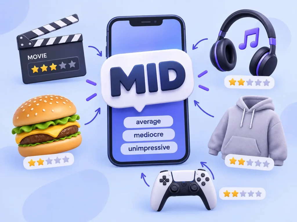 Mid meaning slang infographic showing “MID” as average, mediocre, and unimpressive with movie, food, music, fashion, and gaming examples.