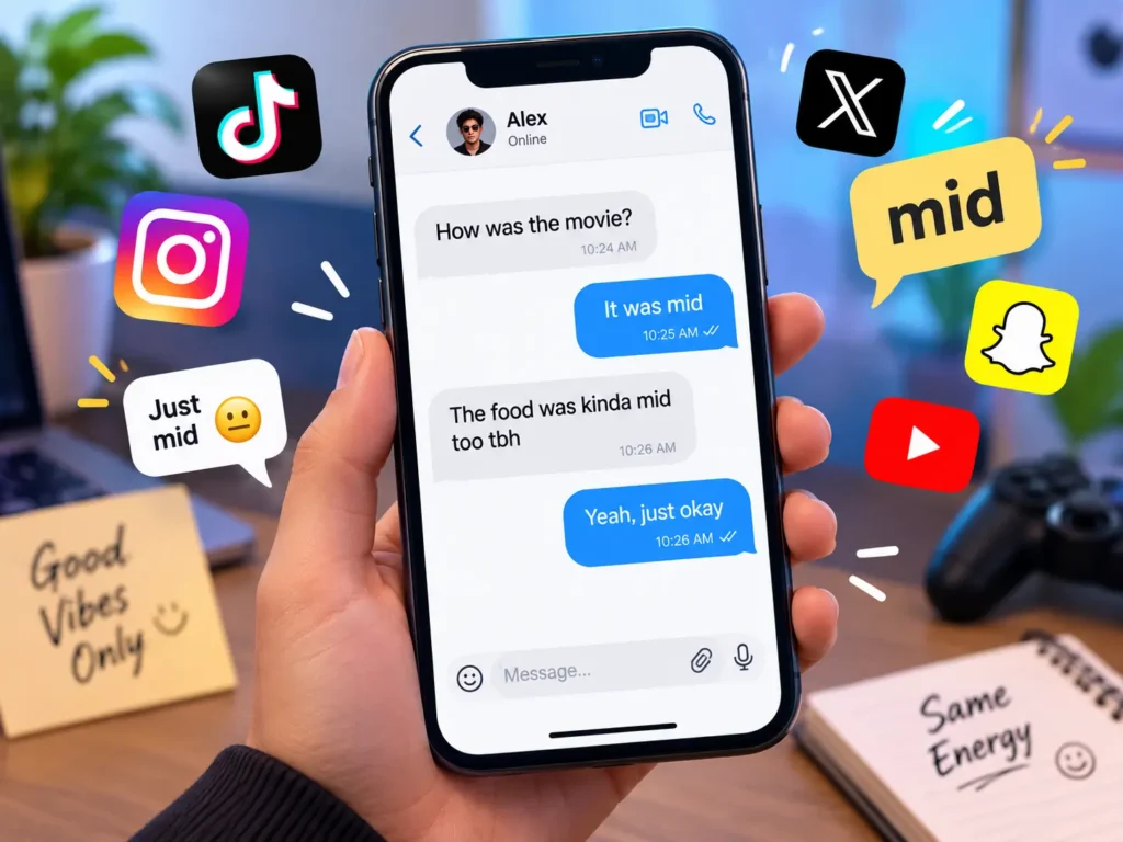 Mid meaning in texting and social media shown in a smartphone chat with examples of using “mid” for a movie and food.