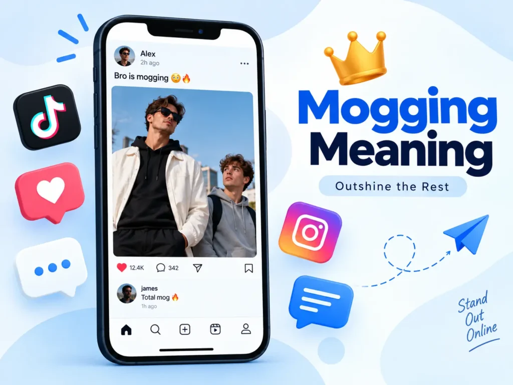 Mogging meaning featured image showing a social media post where one stylish person outshines another, illustrating the slang term “mogging” on TikTok and social media.