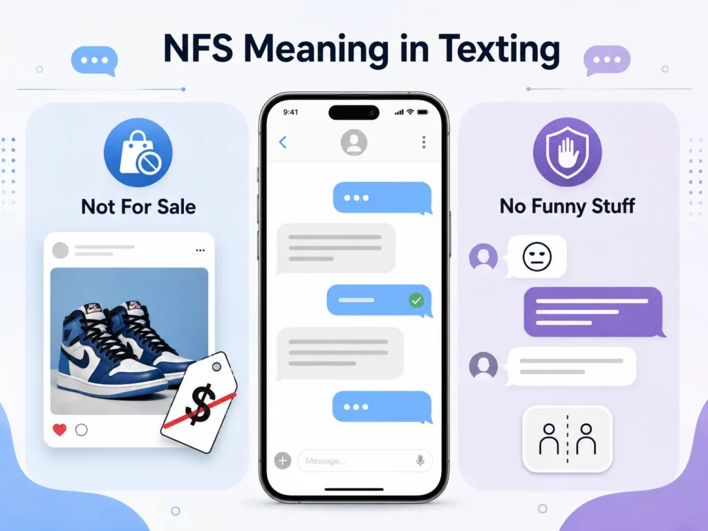 NFS meaning in texting infographic showing “Not For Sale” with a product post and “No Funny Stuff” with a serious chat example.