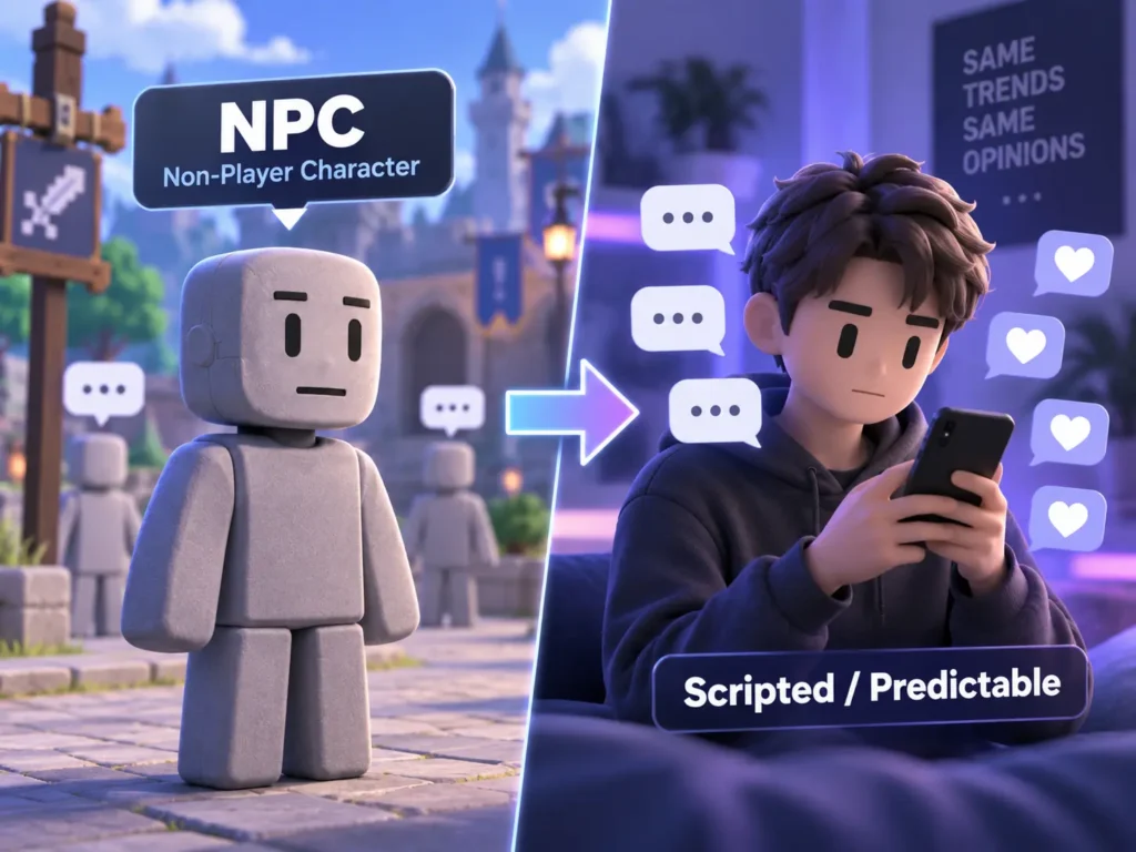 NPC meaning slang infographic showing a non-player character in gaming and a person acting scripted or predictable on social media.