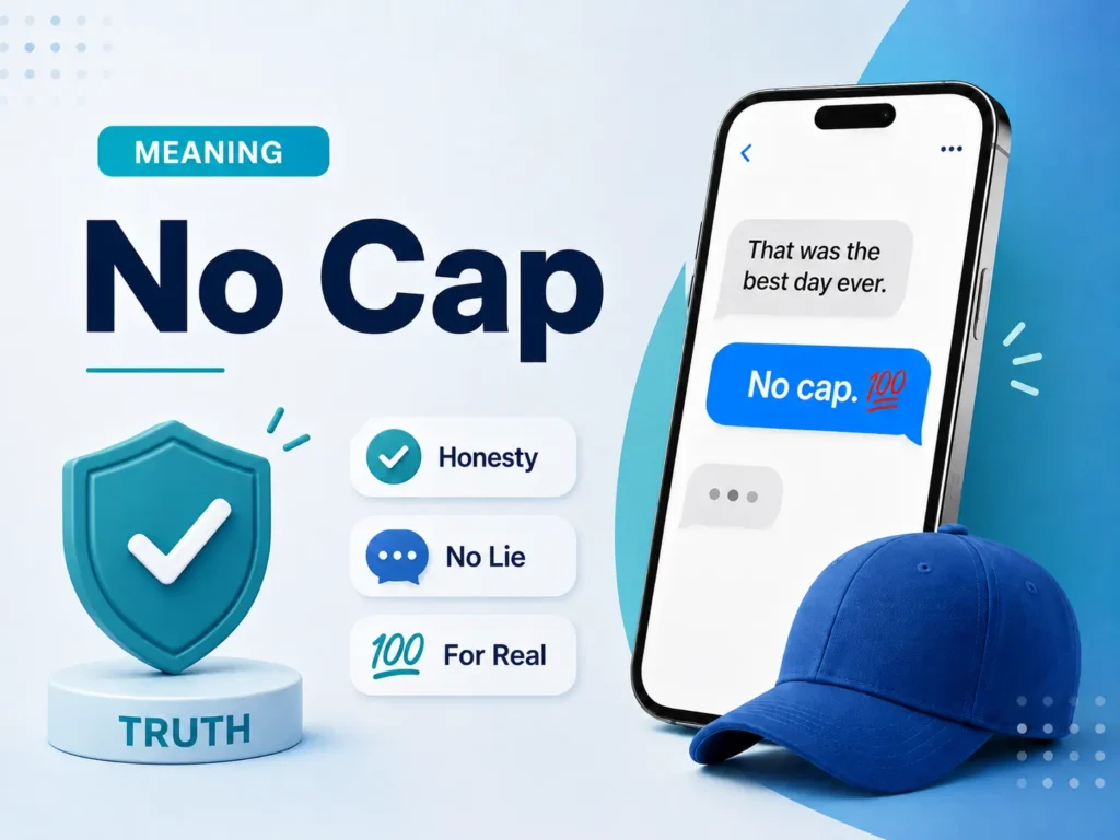 No Cap meaning infographic showing honesty, no lie, and for real with a smartphone chat and blue cap.