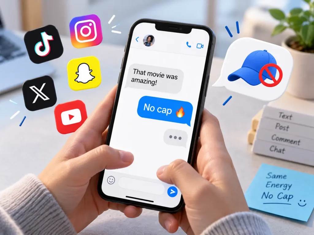 No Cap meaning in texting and social media shown with a smartphone chat, social media icons, and crossed-out cap symbol.