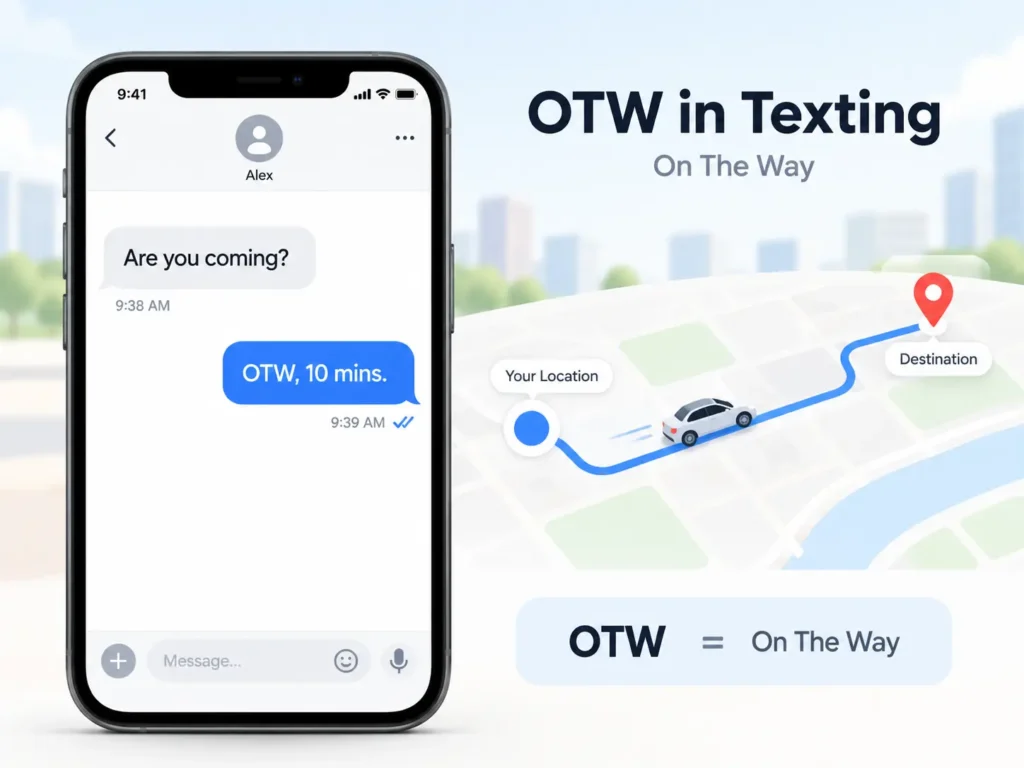 OTW in texting meaning “On The Way,” shown with a chat message, route map, car, and destination pin.