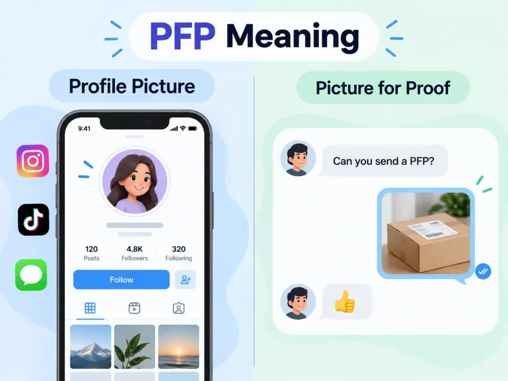 PFP meaning infographic showing Profile Picture on a social media profile and Picture for Proof in a chat conversation.