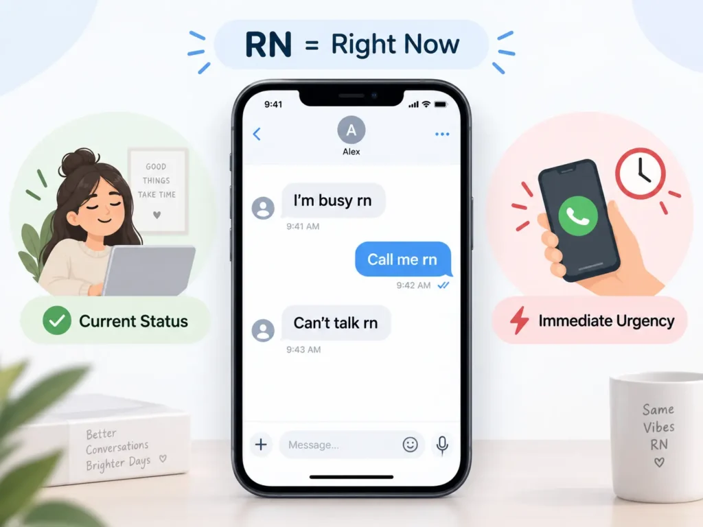 RN meaning in texting infographic showing “RN = Right Now” with chat examples for current status and immediate urgency.