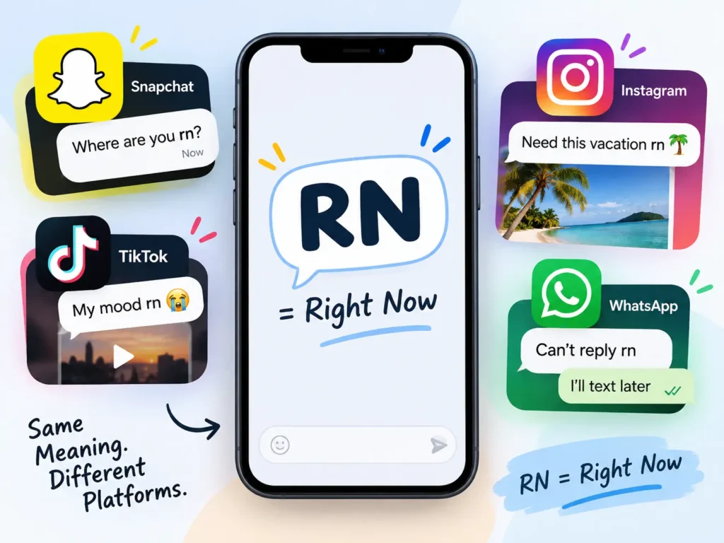 RN meaning on social media infographic showing “RN = Right Now” with examples from Snapchat, TikTok, Instagram, and WhatsApp.