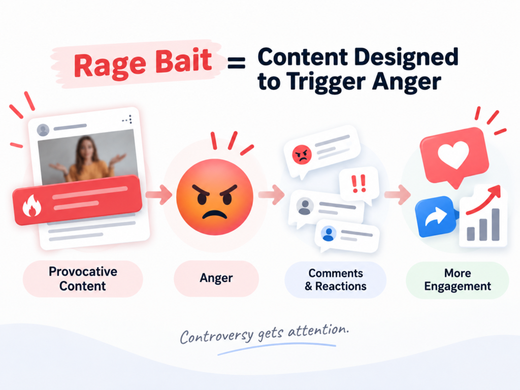 Infographic explaining rage bait as provocative content that triggers anger, comments, reactions, and increased social media engagement.