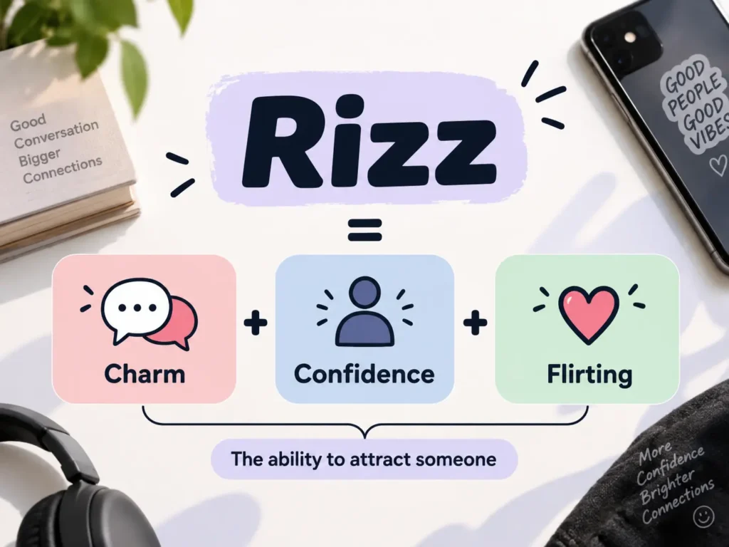 Rizz meaning infographic showing charm, confidence, and flirting as the ability to attract someone.