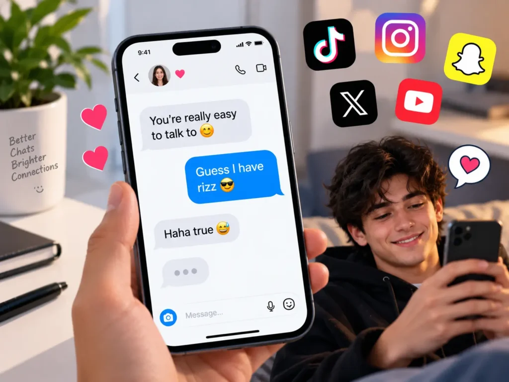 Rizz meaning in texting and social media shown through a flirty chat, hearts, and popular social media app icons.