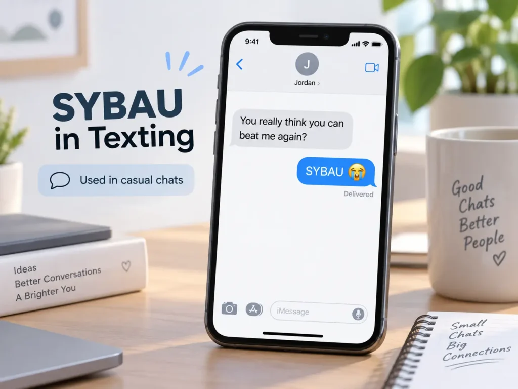 SYBAU in texting example showing a casual smartphone chat where SYBAU is used as a strong slang response.